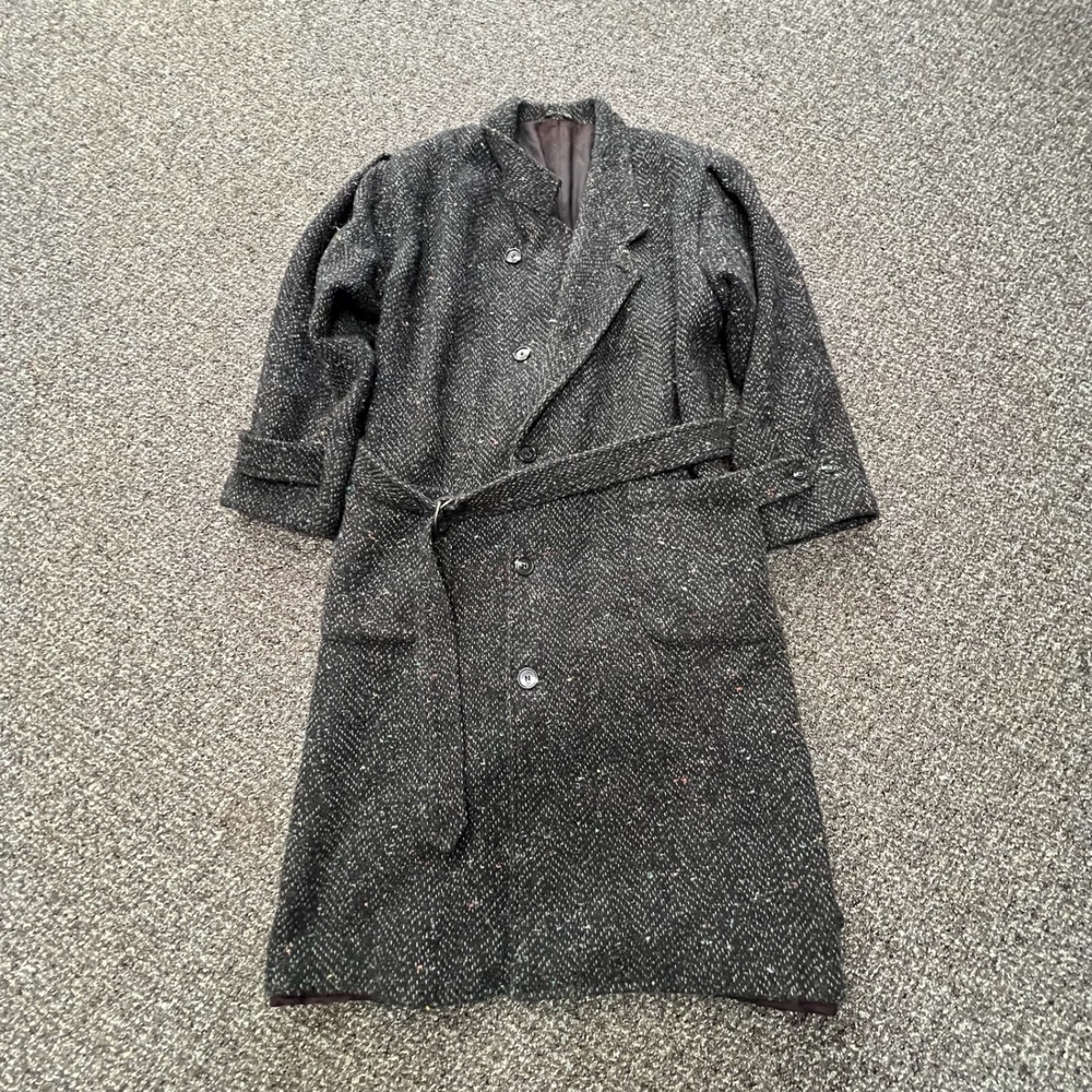 Vintage 1960s Wool Herringbone Overcoat atomic L Grey atomic print Belted AJ56‎